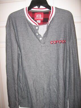 ATC Canada 3 Button Thermal Henley Shirt Men's Large Gray w Red & White Accents